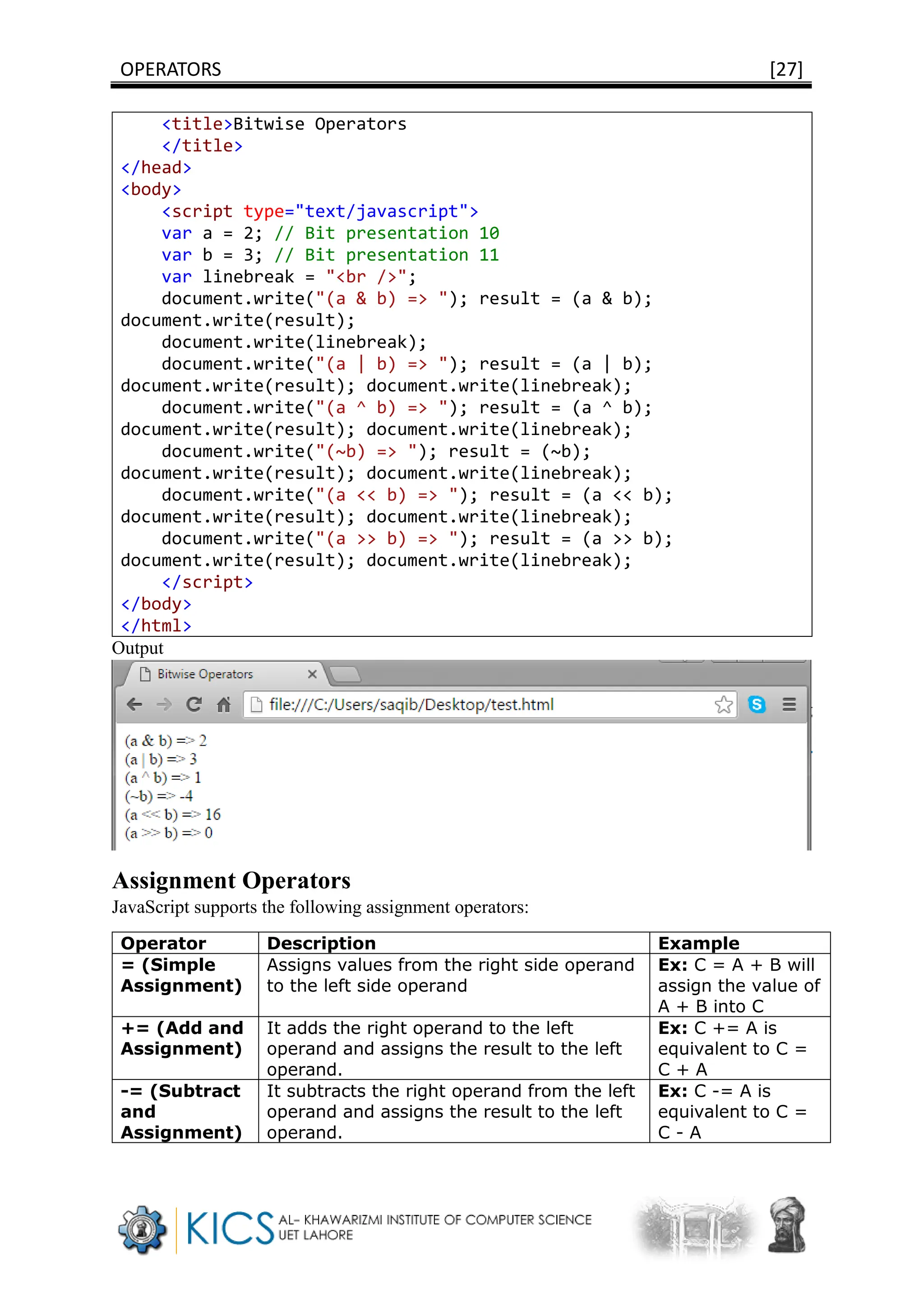 OPERATORS [27]
<title>Bitwise Operators
</title>
</head>
<body>
<script type="text/javascript">
var a = 2; // Bit presentation 10
var b = 3; // Bit presentation 11
var linebreak = "<br />";
document.write("(a & b) => "); result = (a & b);
document.write(result);
document.write(linebreak);
document.write("(a | b) => "); result = (a | b);
document.write(result); document.write(linebreak);
document.write("(a ^ b) => "); result = (a ^ b);
document.write(result); document.write(linebreak);
document.write("(~b) => "); result = (~b);
document.write(result); document.write(linebreak);
document.write("(a << b) => "); result = (a << b);
document.write(result); document.write(linebreak);
document.write("(a >> b) => "); result = (a >> b);
document.write(result); document.write(linebreak);
</script>
</body>
</html>
Output
Assignment Operators
JavaScript supports the following assignment operators:
Operator Description Example
= (Simple
Assignment)
Assigns values from the right side operand
to the left side operand
Ex: C = A + B will
assign the value of
A + B into C
+= (Add and
Assignment)
It adds the right operand to the left
operand and assigns the result to the left
operand.
Ex: C += A is
equivalent to C =
C + A
-= (Subtract
and
Assignment)
It subtracts the right operand from the left
operand and assigns the result to the left
operand.
Ex: C -= A is
equivalent to C =
C - A
 