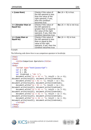 OPERATORS [24]
< (Less than) Checks if the value of
the left operand is less
than the value of the
right operand, if yes,
then the condition
becomes true.
Ex: (A < B) is true.
>= (Greater than or
Equal to)
Checks if the value of
the left operand is
greater than or equal to
the value of the right
operand, if yes, then the
condition becomes true.
Ex: (A >= B) is not true.
<= (Less than or
Equal to)
Checks if the value of
the left operand is less
than or equal to the
value of the right
operand, if yes, then the
condition becomes true.
Ex: (A <= B) is true.
Example
The following code shows how to use comparison operators in JavaScript.
<html>
<head>
<title>Comparison Operators</title>
</head>
<body>
<script type="text/javascript">
var a = 10;
var b = 20;
var linebreak = "<br />";
document.write("(a == b) => "); result = (a == b);
document.write(result); document.write(linebreak);
document.write("(a < b) => "); result = (a < b);
document.write(result); document.write(linebreak);
document.write("(a > b) => "); result = (a > b);
document.write(result); document.write(linebreak);
document.write("(a != b) => "); result = (a != b);
document.write(result); document.write(linebreak);
document.write("(a >= b) => "); result = (a >= b);
document.write(result); document.write(linebreak);
document.write("(a <= b) => "); result = (a <= b);
document.write(result); document.write(linebreak);
</script>
</body>
</html>
 