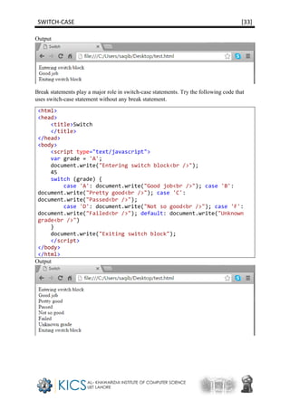 SWITCH-CASE [33]
Output
Break statements play a major role in switch-case statements. Try the following code that
uses switch-case statement without any break statement.
<html>
<head>
<title>Switch
</title>
</head>
<body>
<script type="text/javascript">
var grade = 'A';
document.write("Entering switch block<br />");
45
switch (grade) {
case 'A': document.write("Good job<br />"); case 'B':
document.write("Pretty good<br />"); case 'C':
document.write("Passed<br />");
case 'D': document.write("Not so good<br />"); case 'F':
document.write("Failed<br />"); default: document.write("Unknown
grade<br />")
}
document.write("Exiting switch block");
</script>
</body>
</html>
Output
 