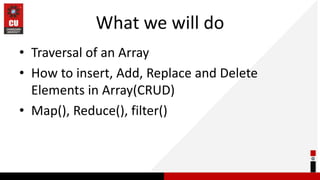 What we will do
• Traversal of an Array
• How to insert, Add, Replace and Delete
Elements in Array(CRUD)
• Map(), Reduce(), filter()
 