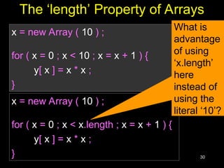 30
The ‘length’ Property of Arrays
x = new Array ( 10 ) ;
for ( x = 0 ; x < 10 ; x = x + 1 ) {
y[ x ] = x * x ;
}
x = new Array ( 10 ) ;
for ( x = 0 ; x < x.length ; x = x + 1 ) {
y[ x ] = x * x ;
}
What is
advantage
of using
‘x.length’
here
instead of
using the
literal ‘10’?
 