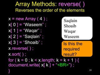 33
Array Methods: reverse( )
Reverses the order of the elements
x = new Array ( 4 ) ;
x[ 0 ] = “Waseem” ;
x[ 1 ] = “Waqar” ;
x[ 2 ] = “Saqlain” ;
x[ 3 ] = “Shoaib” ;
x.reverse( ) ;
x.sort( ) ;
for ( k = 0 ; k < x.length; k = k + 1 ) {
document.write( x[ k ] + “<BR>”) ;
}
Saqlain
Shoaib
Waqar
Waseem
Is this the
required
result?
 