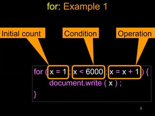 5
for: Example 1
x = 1 ;
while ( x < 6000 ) {
document.write ( x ) ;
x = x + 1 ;
} for ( x = 1 ; x < 6000 ; x = x + 1 ) {
document.write ( x ) ;
}
Initial count Condition Operation
 