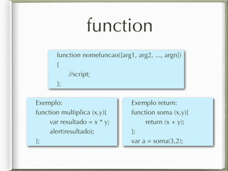 function
function nomefuncao([arg1, arg2, ..., argn])
{
//script;
};
Exemplo:
function multiplica (x,y){
var resultado = x * y;
alert(resultado);
};
Exemplo return:
function soma (x,y){
return (x + y);
};
var a = soma(3,2);
 