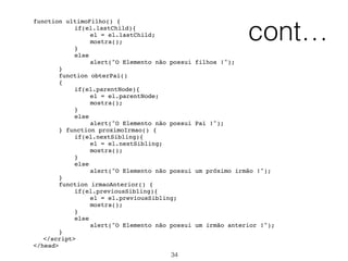Método DOM
hasChildNodes()
<!DOCTYPE html>
<html>
<body>
<ul id="myList">
<li>Café</li>
<li>Leite</li>
</ul>
<p>Click the button to see if the ul element has any
child nodes.</p>
<button onclick="myFunction()">Try it</button>
<p id="demo"></p>
<script>
function myFunction() {
var list =
document.getElementById("myList").hasChildNodes();
document.getElementById("demo").innerHTML = list;
}
</script>
</body>
</html>
34
Note: Whitespace inside elements is considered as text, and
text is considered as nodes.
 