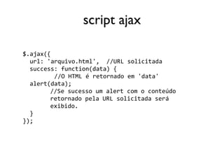script ajax 
$.ajax({ 
url: 
'arquivo.html', 
//URL 
solicitada 
success: 
function(data) 
{ 
//O 
HTML 
é 
retornado 
em 
'data' 
alert(data); 
//Se 
sucesso 
um 
alert 
com 
o 
conteúdo 
retornado 
pela 
URL 
solicitada 
será 
exibido. 
} 
}); 
 