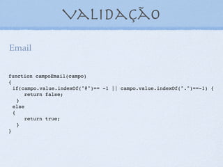 Validando e-mails
/* Verificando se o texto recebido é iniciado por um ou mais
algarismos (^[w]+);
seguidos de arroba (@);
Seguido de um ou mais algarismos ([w]+);
Seguido(s) de um ponto (.);
Seguido (e finalizado) por um ou mais algarismos ou pontos ([w|
.]+$);
*/
22
 