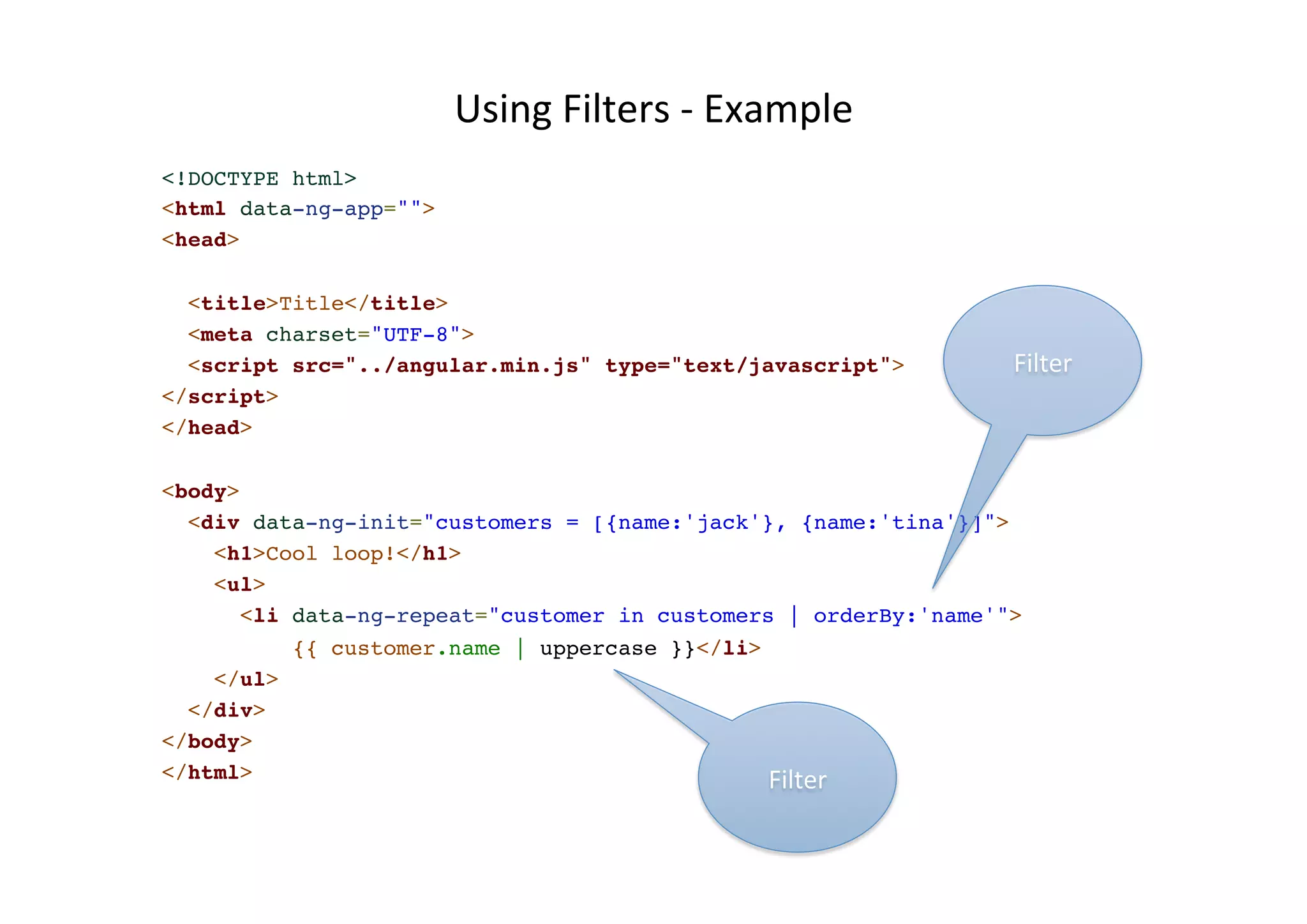Using Filters -­‐ Example <!DOCTYPE html>! <html data-ng-app="">! <head>! ! <title>Title</title>! <meta charset="UTF-8">! <script src="../angular.min.js" type="text/javascript">! </script>! </head>! !< body>! <div data-ng-init="customers = [{name:'jack'}, {name:'tina'}]">! <h1>Cool loop!</h1>! <ul>! <li data-ng-repeat="customer in customers | orderBy:'name'">! {{ customer.name | uppercase }}</li>! </ul>! </div>! </body>! </html> Filter Filter 
