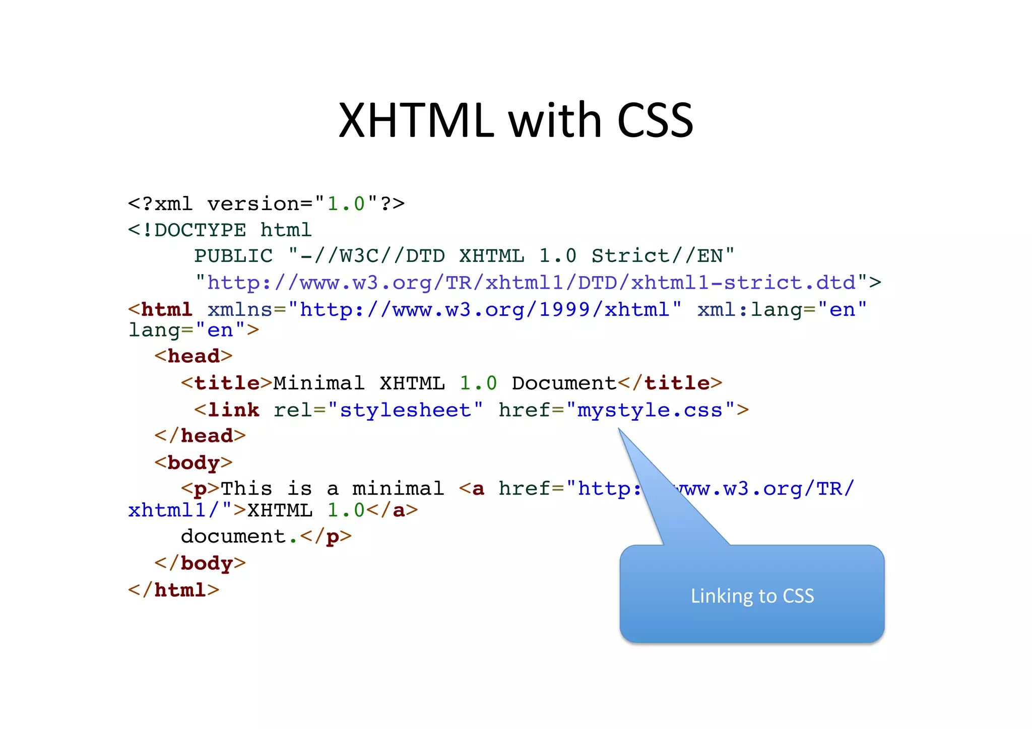 XHTML with CSS <?xml version="1.0"?>! <!DOCTYPE html ! PUBLIC "-//W3C//DTD XHTML 1.0 Strict//EN"! "http://www.w3.org/TR/xhtml1/DTD/xhtml1-strict.dtd">! <html xmlns="http://www.w3.org/1999/xhtml" xml:lang="en" lang="en">! <head>! <title>Minimal XHTML 1.0 Document</title>! <link rel="stylesheet" href="mystyle.css">! </head>! <body>! <p>This is a minimal <a href="http://www.w3.org/TR/ xhtml1/">XHTML 1.0</a> ! document.</p>! </body>! </html> Linking to CSS 