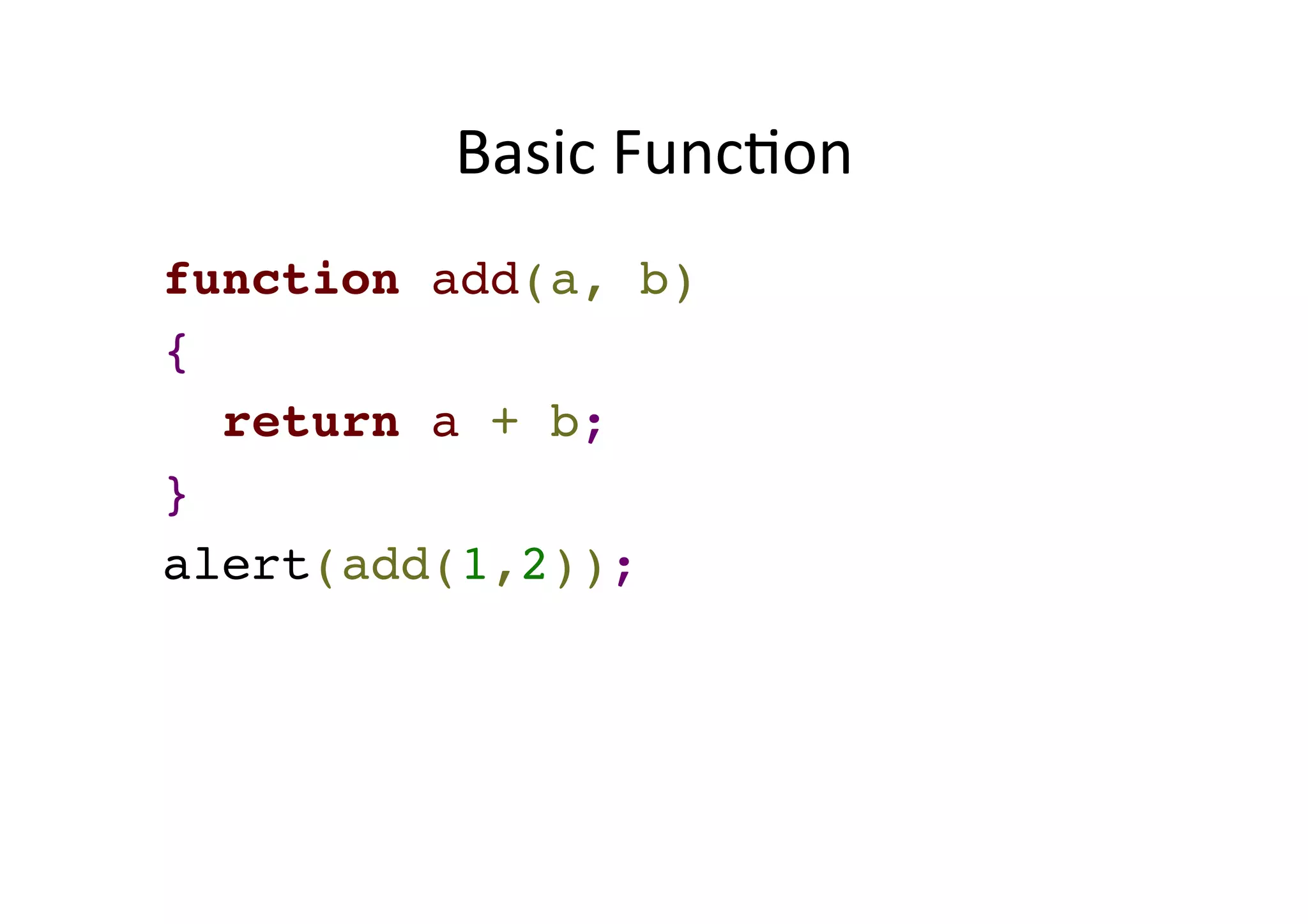 Basic FuncMon function add(a, b) ! { ! return a + b;! } ! alert(add(1,2)); 