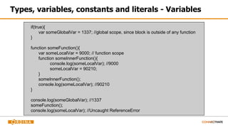 Types, variables, constants and literals - Variables
if(true){
var someGlobalVar = 1337; //global scope, since block is outside of any function
}
function someFunction(){
var someLocalVar = 9000; // function scope
function someInnerFunction(){
console.log(someLocalVar); //9000
someLocalVar = 90210;
}
someInnerFunction();
console.log(someLocalVar); //90210
}
console.log(someGlobalVar); //1337
someFunction();
console.log(someLocalVar); //Uncaught ReferenceError
 