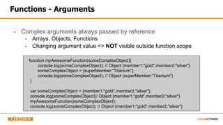 Functions - Arguments
▪ Complex arguments always passed by reference
▪ Arrays, Objects, Functions
▪ Changing argument value => NOT visible outside function scope
function myAwesomeFunction(someComplexObject){
console.log(someComplexObject); // Object {member1:"gold",member2:"silver"}
someComplexObject = {superMember:"Titanium"};
console.log(someComplexObject); // Object {superMember:"Titanium"}
}
var someComplexObject = {member1:"gold",member2:"silver"};
console.log(someComplexObject)// Object {member1:"gold",member2:"silver"}
myAwesomeFunction(someComplexObject);
console.log(someComplexObject); // Object {member1:"gold",member2:"silver"}
 