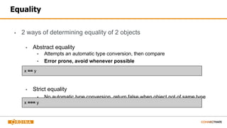 Equality
▪ 2 ways of determining equality of 2 objects
▪ Abstract equality
▪ Attempts an automatic type conversion, then compare
▪ Error prone, avoid whenever possible
▪ Strict equality
▪ No automatic type conversion, return false when object not of same type
x == y
x === y
 