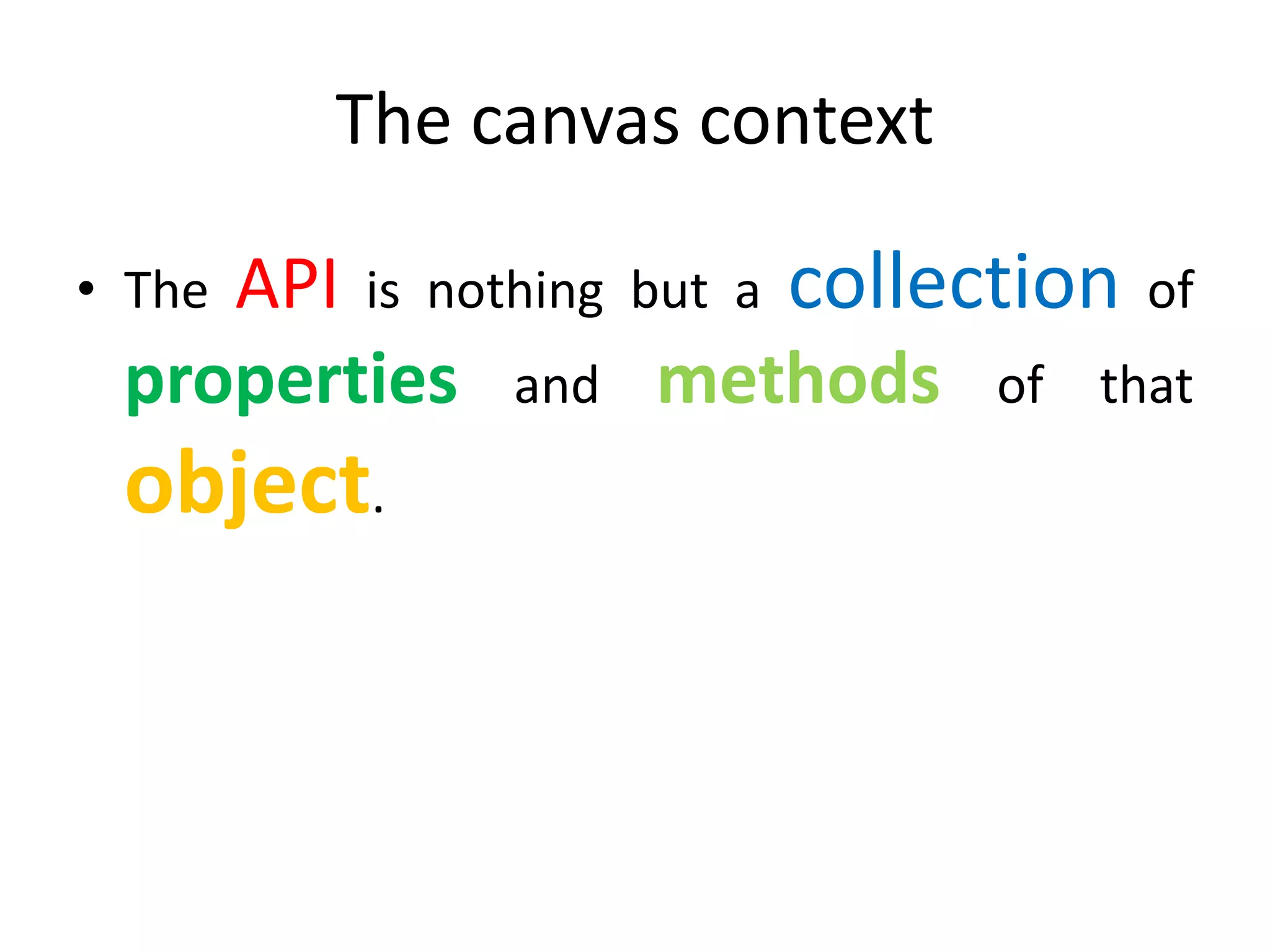 The canvas context
• The API is nothing but a collection of
properties and methods of that
object.
 