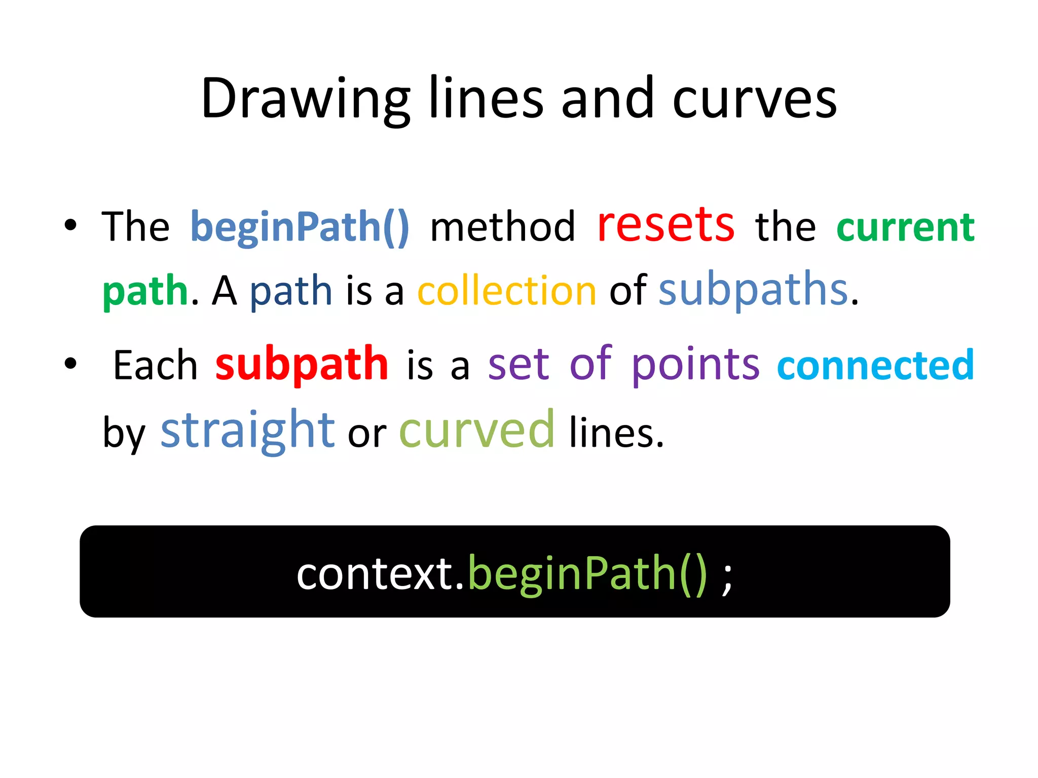 Drawing lines and curves
• The beginPath() method resets the current
path. A path is a collection of subpaths.
• Each subpath is a set of points connected
by straight or curved lines.
context.beginPath() ;
 