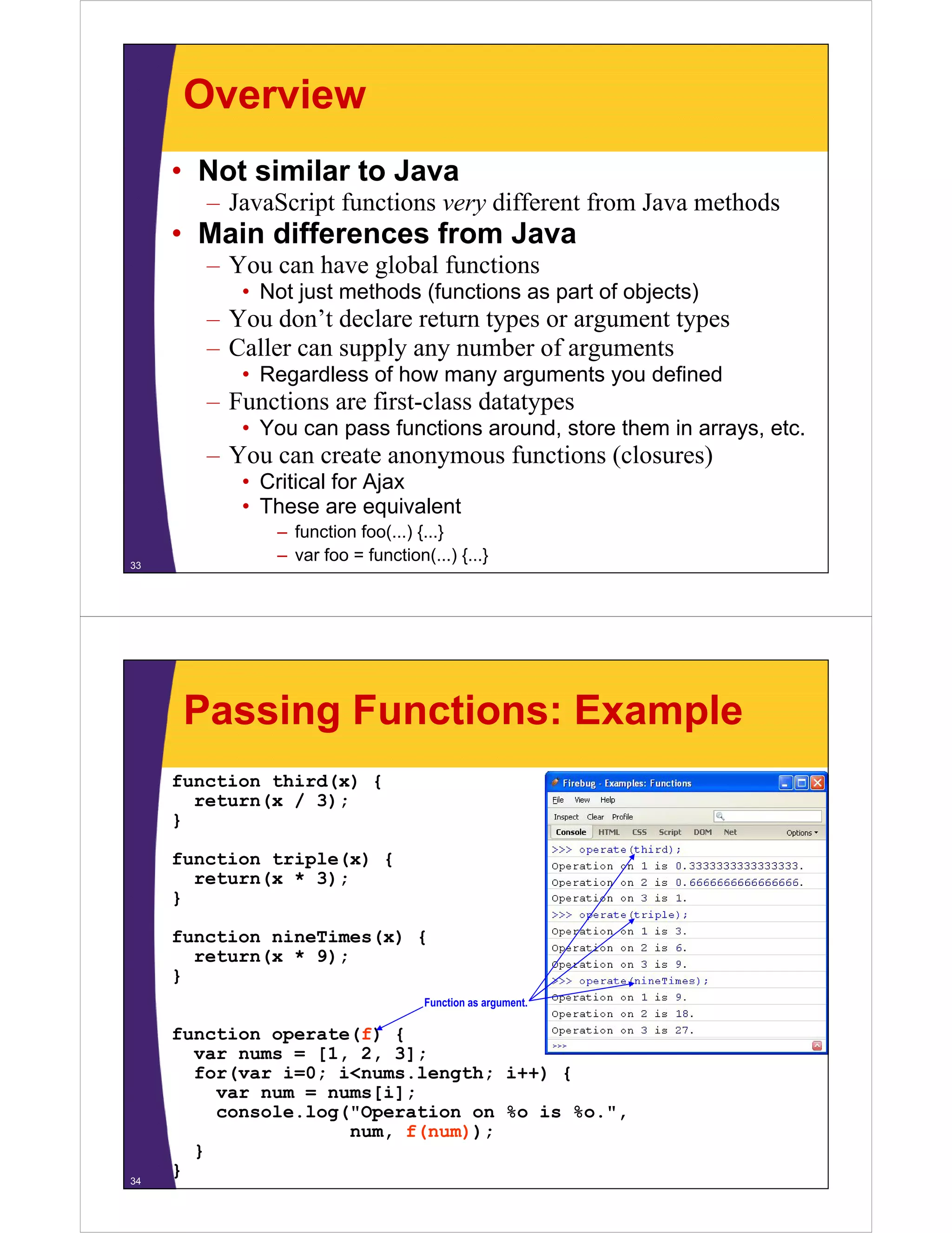 Overview
• Not similar to Java
–J S i f
JavaScript functions very diff
i
different f
from J
Java methods
h d

• Main differences from Java
– You can have global functions
• Not just methods (functions as part of objects)

– You don’t declare return types or argument types
– Caller can supply any number of arguments
• Regardless of how many arguments you defined

– Functions are first-class datatypes
• Y can pass f
You
functions around, store them in arrays, etc.
ti
d t
th
i
t

– You can create anonymous functions (closures)
• Critical for Ajax
• These are equivalent
33

– function foo(...) {...}
– var foo = function(...) {...}

Passing Functions: Example
function third(x) {
return(x / 3);
}
function triple(x) {
(
)
return(x * 3);
}
function nineTimes(x) {
etu (
);
return(x * 9);
}
Function as argument.

34

function operate(f) {
var nums = [1, 2, 3];
for(var i=0; i<nums.length; i++) {
var num = nums[i];
console.log( Operation
console log("Operation on %o is %o ",
%o.
num, f(num));
}
}

 