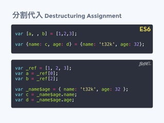 分割代入 Destructuring Assignment
var [a, , b] = [1,2,3];
var {name: c, age: d} = {name: 't32k', age: 32};
var _ref = [1, 2, 3];
var a = _ref[0];
var b = _ref[2];
var _name$age = { name: 't32k', age: 32 };
var c = _name$age.name;
var d = _name$age.age;
ES6
 