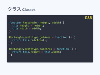 function Rectangle (height, width) {
this.height = height;
this.width = width;
}
Rectangle.prototype.getArea = function () {
return this.calcArea();
};
Rectangle.prototype.calcArea = function () {
return this.height * this.width;
};
ES5
クラス Classes
 