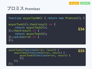 プロミス Promises
function asyncTaskN() { return new Promise(); }
asyncTask1().then(result => {
return asyncTask2();
}).then(result => {
return asyncTask3();
}).catch(error => {
});
asyncTask1(function(error, result) {
asyncTask2(function(error, result) {
asyncTask3(function(error, result) {
});
});
});
ES6
ES5
オススメ要: Polyﬁll
 