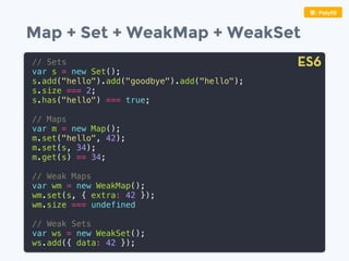 Map + Set + WeakMap + WeakSet
// Sets
var s = new Set();
s.add("hello").add("goodbye").add("hello");
s.size === 2;
s.has("hello") === true;
// Maps
var m = new Map();
m.set("hello", 42);
m.set(s, 34);
m.get(s) == 34;
// Weak Maps
var wm = new WeakMap();
wm.set(s, { extra: 42 });
wm.size === undefined
// Weak Sets
var ws = new WeakSet();
ws.add({ data: 42 });
要: Polyﬁll
ES6
 