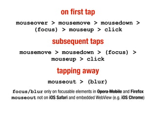 on first tap
mouseover > mousemove > mousedown >
(focus) > mouseup > click
subsequent taps
mousemove > mousedown > (focus) >
mouseup > click
tapping away
mouseout > (blur)
focus/blur only on focusable elements in Opera Mobile and Firefox
mouseout not on iOS Safari and embedded WebView (e.g. iOS Chrome)
 