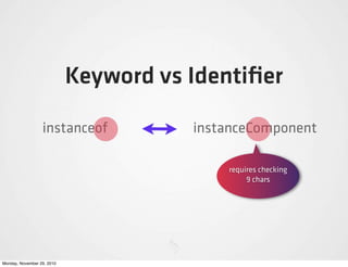 Keyword vs Identiﬁer

                  instanceof           instanceComponent

                                           requires checking
                                                9 chars




Monday, November 29, 2010
 