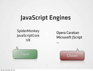 JavaScript Engines
                            SpiderMonkey     Opera Carakan
                            JavaScriptCore   Microsoft JScript
                                 V8          ...


                              Open                 Closed


Monday, November 29, 2010
 