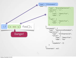 "type": "IfStatement",
                                      "test": {
                                                  "type": "BinaryExpression",
                                                  "operator": "==",
                                                  "left": {
                                                      "type": "Identifier",
                                                      "name": "x"
                                                  },
                                                  "right": {
                                                      "type": "Identifier",
                                                      "name": "y"
                                                  }
     if (x == y) foo();                       },
                                              "consequent": {
                                                  "type": "ExpressionStatement",
                                                  "expression": {
                            Danger!                   "type": "CallExpression",
                                                      "callee": {
                                                          "type": "Identifier",
                                                          "name": "foo"
                                                      },
                                                      "arguments": []
                                                  }
                                              },
                                              "alternate": null




Monday, November 29, 2010
 