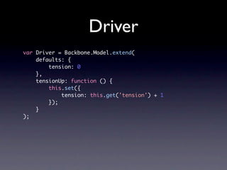Driver
var Driver = Backbone.Model.extend(
    defaults: {
        tension: 0
    },
    tensionUp: function () {
        this.set({
            tension: this.get('tension') + 1
        });
    }
);
 