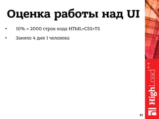 Оценка работы над UI
• 10% = 2000 строк кода HTML+CSS+TS
• Заняло 4 дня 1 человека
83
 