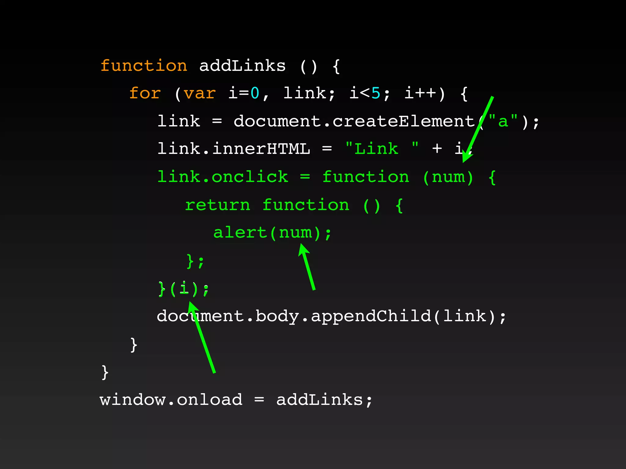 function addLinks () {
! for (var i=0, link; i<5; i++) {
! ! link = document.createElement("a");
! ! link.innerHTML = "Link " + i;
! ! link.onclick = function (num) {
! ! ! return function () {
! ! ! ! alert(num);
! ! ! };
! ! }(i);
! ! document.body.appendChild(link);
! }
}
window.onload = addLinks;
! ! link.onclick = function (num) {
! ! ! return function () {
! ! ! ! alert(num);
! ! ! };
! ! }(i);
 