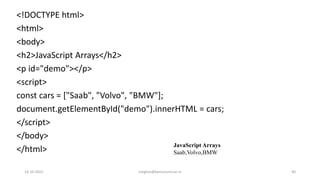 <!DOCTYPE html>
<html>
<body>
<h2>JavaScript Arrays</h2>
<p id="demo"></p>
<script>
const cars = ["Saab", "Volvo", "BMW"];
document.getElementById("demo").innerHTML = cars;
</script>
</body>
</html>
JavaScript Arrays
Saab,Volvo,BMW
14-10-2022 meghav@kannuruniv.ac.in 40
 