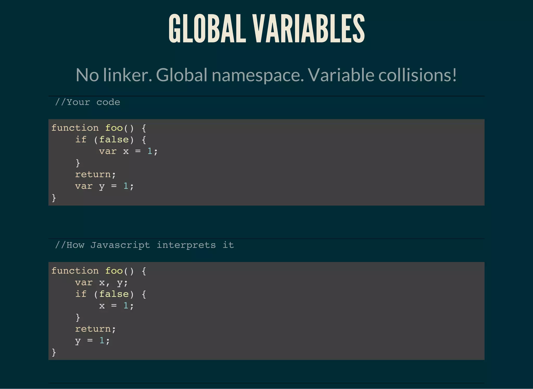 GLOBAL VARIABLES
No linker. Global namespace. Variable collisions!
//Your code
function foo() {
if (false) {
var x = 1;
}
return;
var y = 1;
}
//How Javascript interprets it
function foo() {
var x, y;
if (false) {
x = 1;
}
return;
y = 1;
}
 