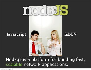 Javascript                 LibUV




          Node.js is a platform for building fast,
          scalable network applications.
Saturday, February 2, 13
 