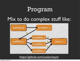 Program
               Mix to do complex stuff like:




                           https://github.com/caolan/async
Saturday, February 2, 13
 