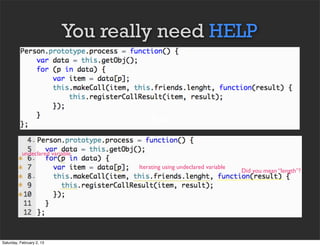 You really need HELP



                                      Text

           undeclared variable

                                  Iterating using undeclared variable
                                                                        Did you mean “length”?




Saturday, February 2, 13
 