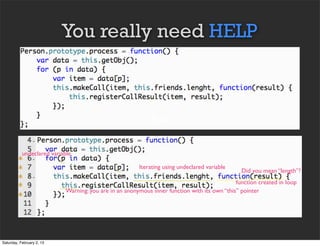 You really need HELP



                                                            Text

           undeclared variable

                                                        Iterating using undeclared variable
                                                                                                Did you mean “length”?
                                                                                              function created in loop
                            Warning: you are in an anonymous inner function with its own “this” pointer




Saturday, February 2, 13
 
