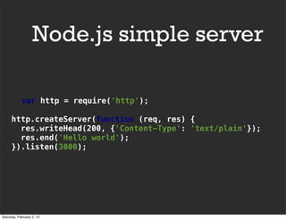 Node.js simple server

            var http = require('http');

      http.createServer(function (req, res) {
        res.writeHead(200, {'Content-Type': 'text/plain'});
        res.end('Hello world');
      }).listen(3000);




Saturday, February 2, 13
 
