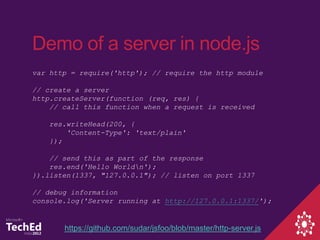 Demo of a server in node.js
var http = require('http'); // require the http module

// create a server
http.createServer(f...