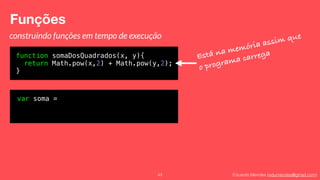 Eduardo Mendes (edumendes@gmail.com)
Funções
43
construindo funções em tempo de execução
function somaDosQuadrados(x, y){
return Math.pow(x,2) + Math.pow(y,2);
}
Está na memória assim que
o programa carrega
var soma =
 