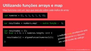 Eduardo Mendes (edumendes@gmail.com)
Utilizando funções arrays e map
67
var numeros = [2, 4, 5, 6, 7, 8, 9];
Map funciona com um laço que executa sobre cada índice do array
var resultados = numbers.map( );- outra função -
var resultados = [];
for (var i = 0; i < numeros.length; i++) {
resultados[i] = algumaFuncao(numeros[i]);
}
o método map encapsula este
processamento e o resume
em uma linha de código
 