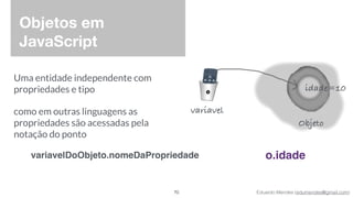 Eduardo Mendes (edumendes@gmail.com)
Objetos em
JavaScript
Uma entidade independente com
propriedades e tipo
como em outras linguagens as
propriedades são acessadas pela
notação do ponto
70
variavel
Objeto
idade=10
variavelDoObjeto.nomeDaPropriedade o.idade
 