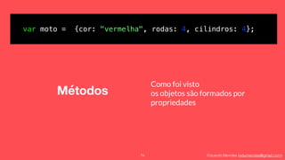 Eduardo Mendes (edumendes@gmail.com)
Métodos
74
var moto = {cor: "vermelha", rodas: 4, cilindros: 4};
Como foi visto
os objetos são formados por
propriedades
 