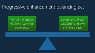 Progressive enhancement balancing act
Control the UX with
JavaScript and own
the failure cases.
Rely on the browser
to give a “working”
experience.
 