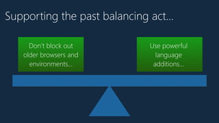 Supporting the past balancing act…
Use powerful
language
additions…
Don’t block out
older browsers and
environments…
 