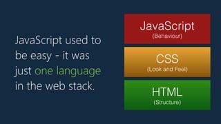 JavaScript used to
be easy - it was
just one language
in the web stack.
HTML
(Structure)
CSS
(Look and Feel)
JavaScript
(Behaviour)
 