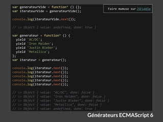 Générateurs ECMAScript 6
var generateurVide = function* () {};
var iterateurVide = generateurVide();
console.log(iterateur...