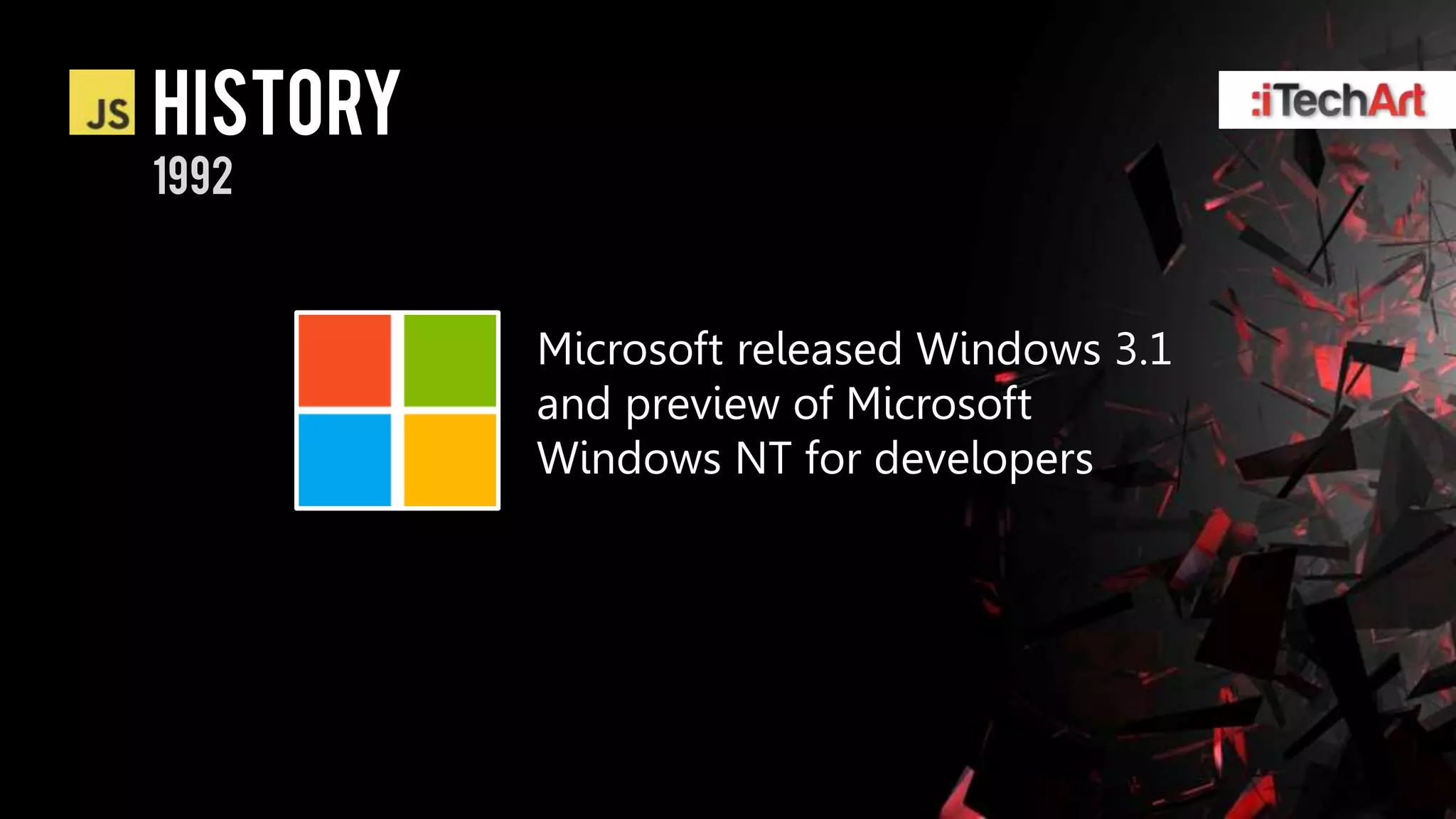 history
1992



          Microsoft released Windows 3.1
          and preview of Microsoft
          Windows NT for developers
 
