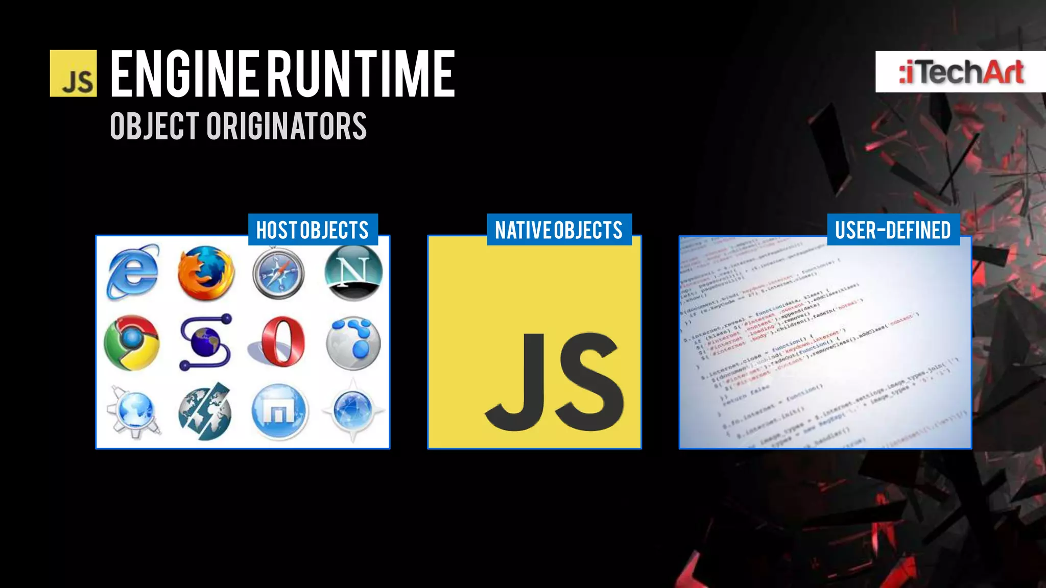 ENGINE RUNTIME
Object originators


          Host objects   NATIVE OBJECTS   User-defined
 
