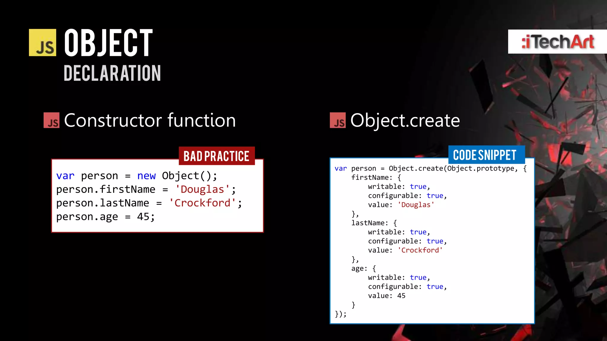 object
 declaration

 Constructor function                 Object.create
                    BAD PRACTICE                               CODE SNIPPET
                                   var person = Object.create(Object.prototype, {
var person = new Object();             firstName: {
                                           writable: true,
person.firstName = 'Douglas';              configurable: true,
person.lastName = 'Crockford';             value: 'Douglas'
                                       },
person.age = 45;                       lastName: {
                                           writable: true,
                                           configurable: true,
                                           value: 'Crockford'
                                       },
                                       age: {
                                           writable: true,
                                           configurable: true,
                                           value: 45
                                       }
                                   });
 